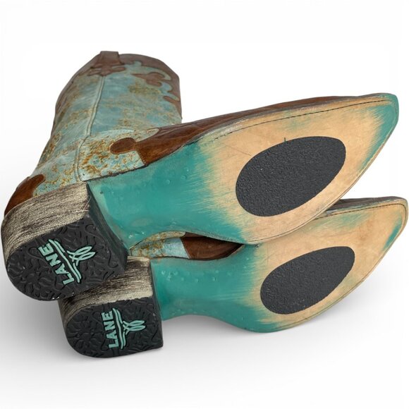 Lane Turquoise Brown Snip Toe Leather Cowboy Western Cowgirl Boots Women's 10.5 - Picture 13 of 13